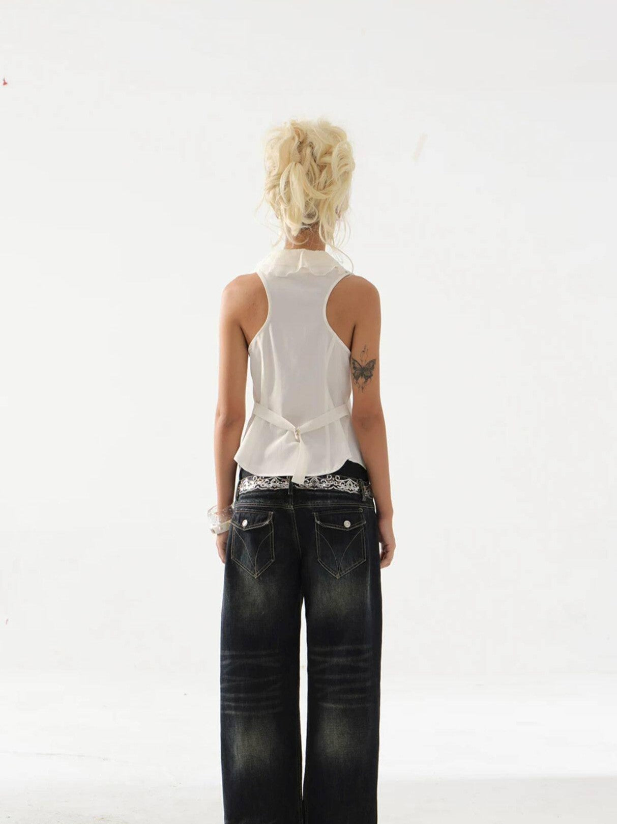 DoublePunch Ruffled Patchwork Slim Fit Vintage Blazer Sleeveless Women&