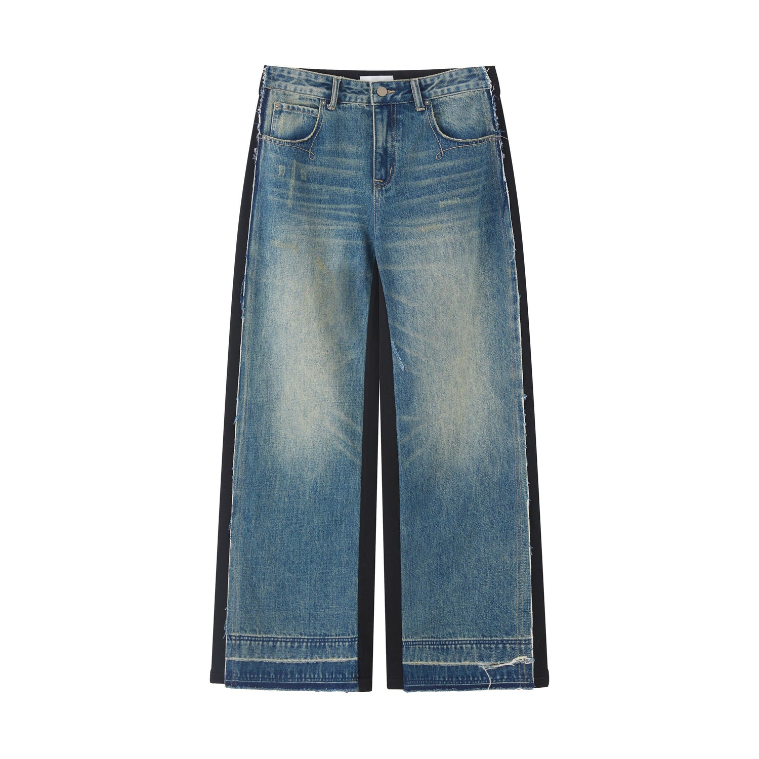 RUN TO THE FUTURE Washed Low Rise Wide Leg Loose Blue Black Denim Zipper Fly Straight Jeans
