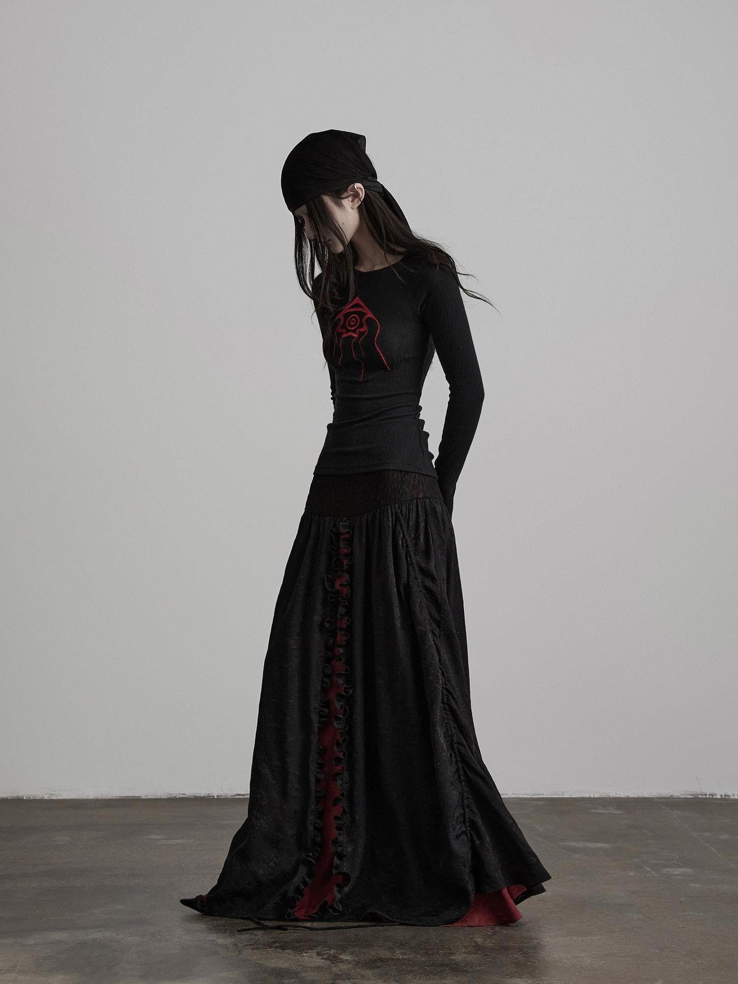INDULGE Soft Comfy Rayon Ruffle Hem Gothic A Line Side Zipper Black Tiered Skirts