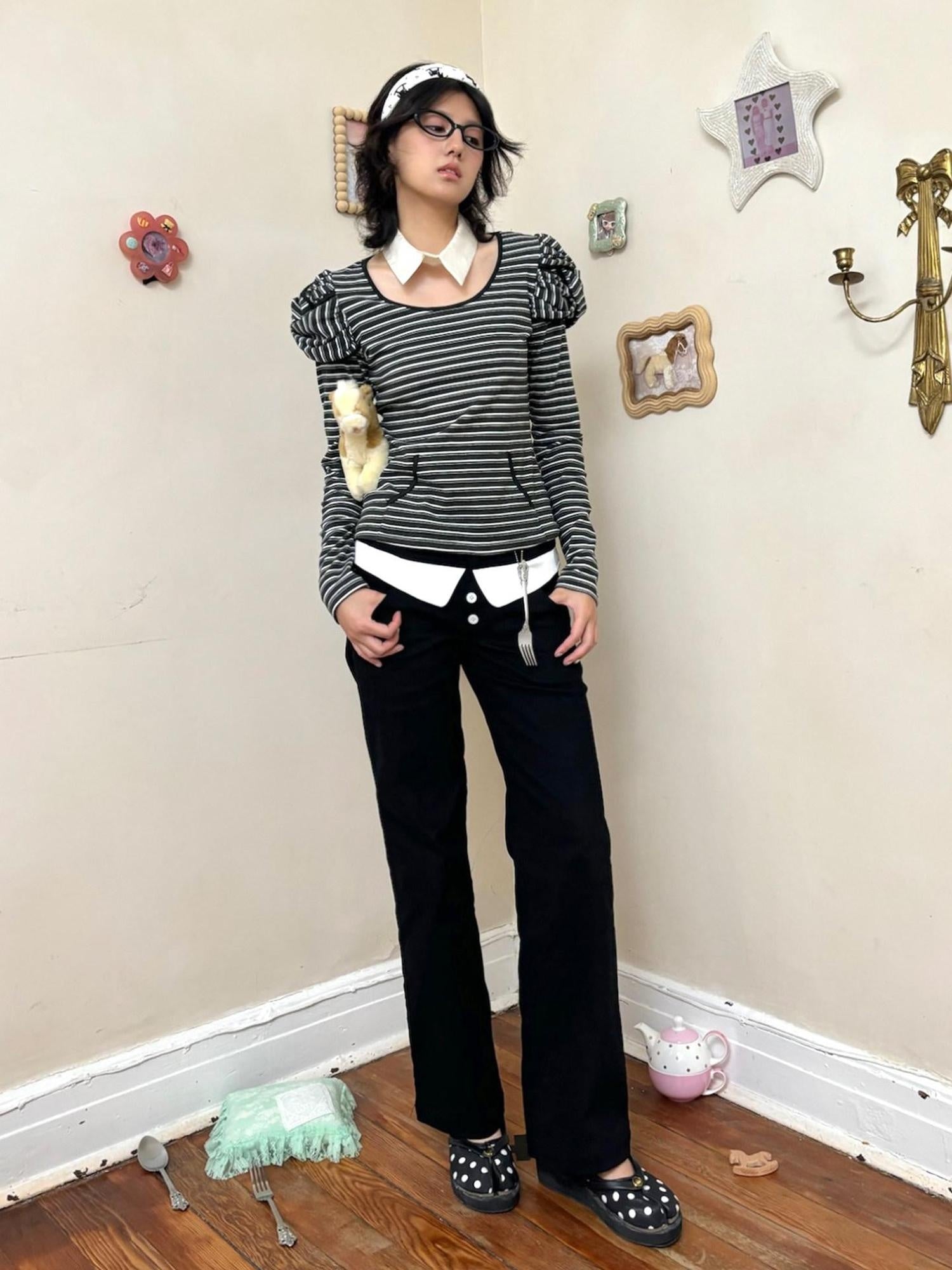 nit alcove Light Stretch Casual Dual Waist Natural Waist Unisex Black White Straight Pants