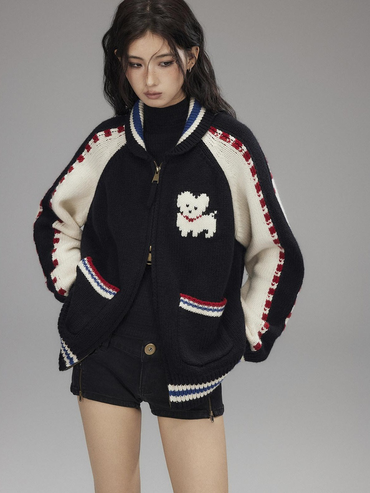 Low pixel Wool Blend Hooded Zip Colorblock Loose Casual Women Animal Print Cropped Jackets