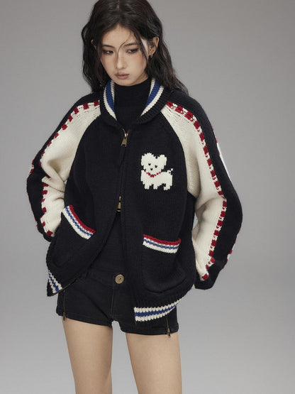Low pixel Wool Blend Hooded Zip Colorblock Loose Casual Women Animal Print Cropped Jackets