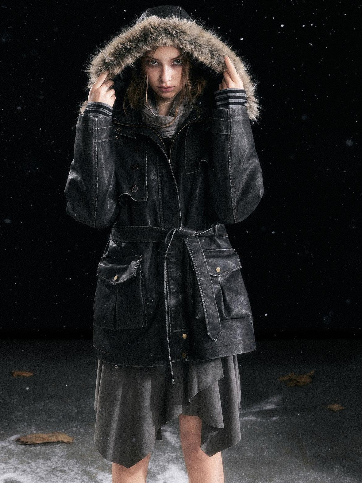 Cest Nous Fur Collar Hooded Utility Distressed Women&
