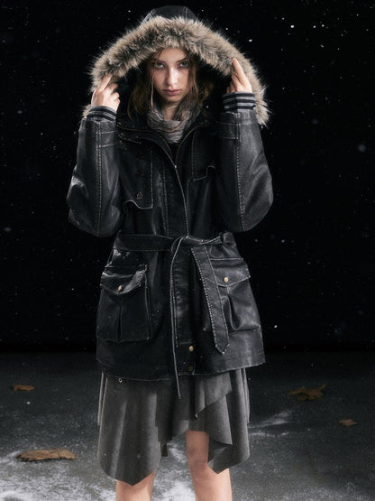 Cest Nous Fur Collar Hooded Utility Distressed Women&