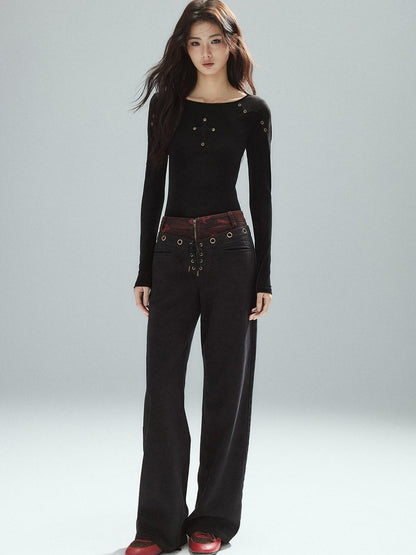 Low pixel Pure Cotton Patchwork Low Waist Street Zipper Women Colorblock Straight Pants