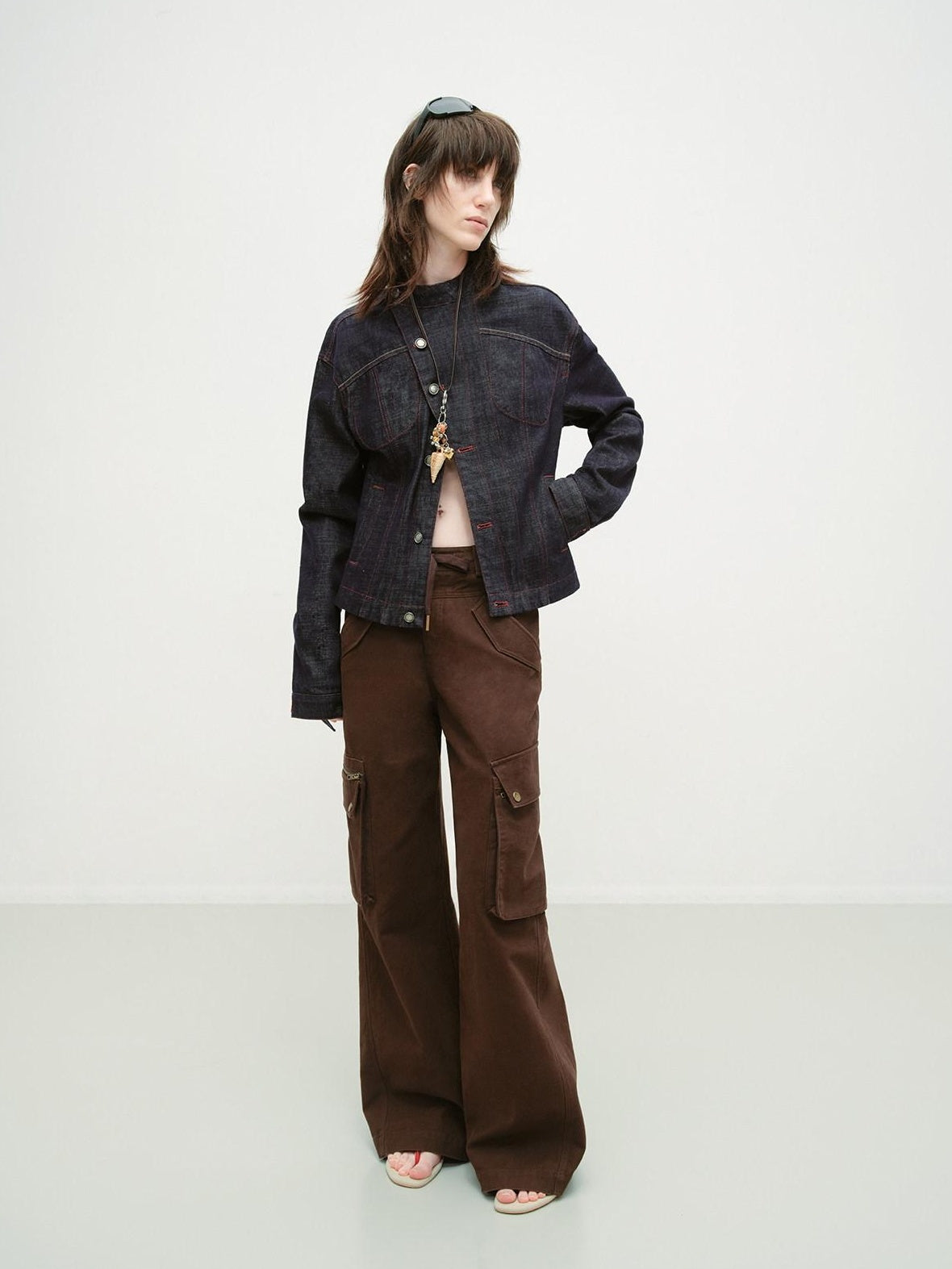 RUN TO THE FUTURE Vintage Asymmetric Fitted Waist Unisex Dark Indigo Cotton Button Denim Jackets