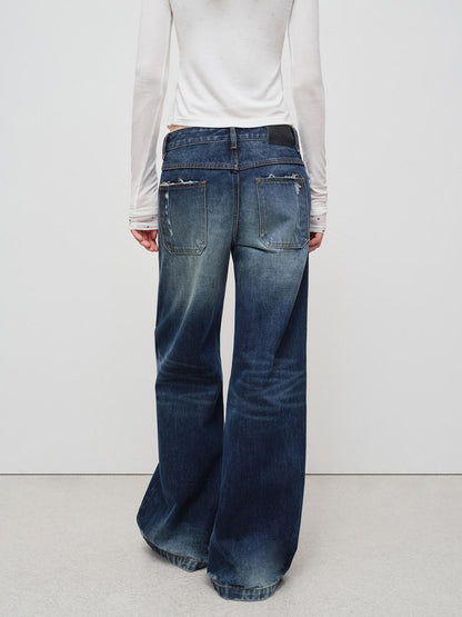 RUN TO THE FUTURE Vintage Distressed Low Rise Ripped Loose Fit Women Cotton Zipper Wide-Leg Jeans