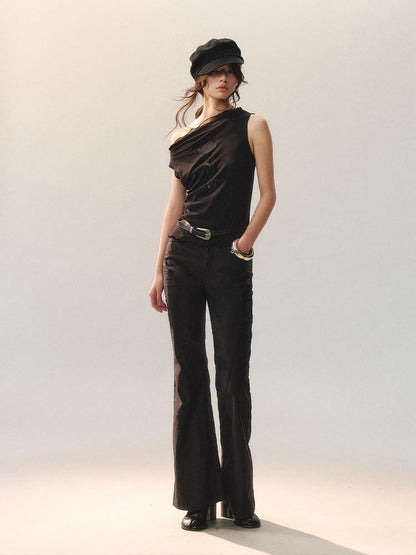 AnnoMundi Stretch Cotton Blend Slim Casual Natural Waist Women Black Straight Pants