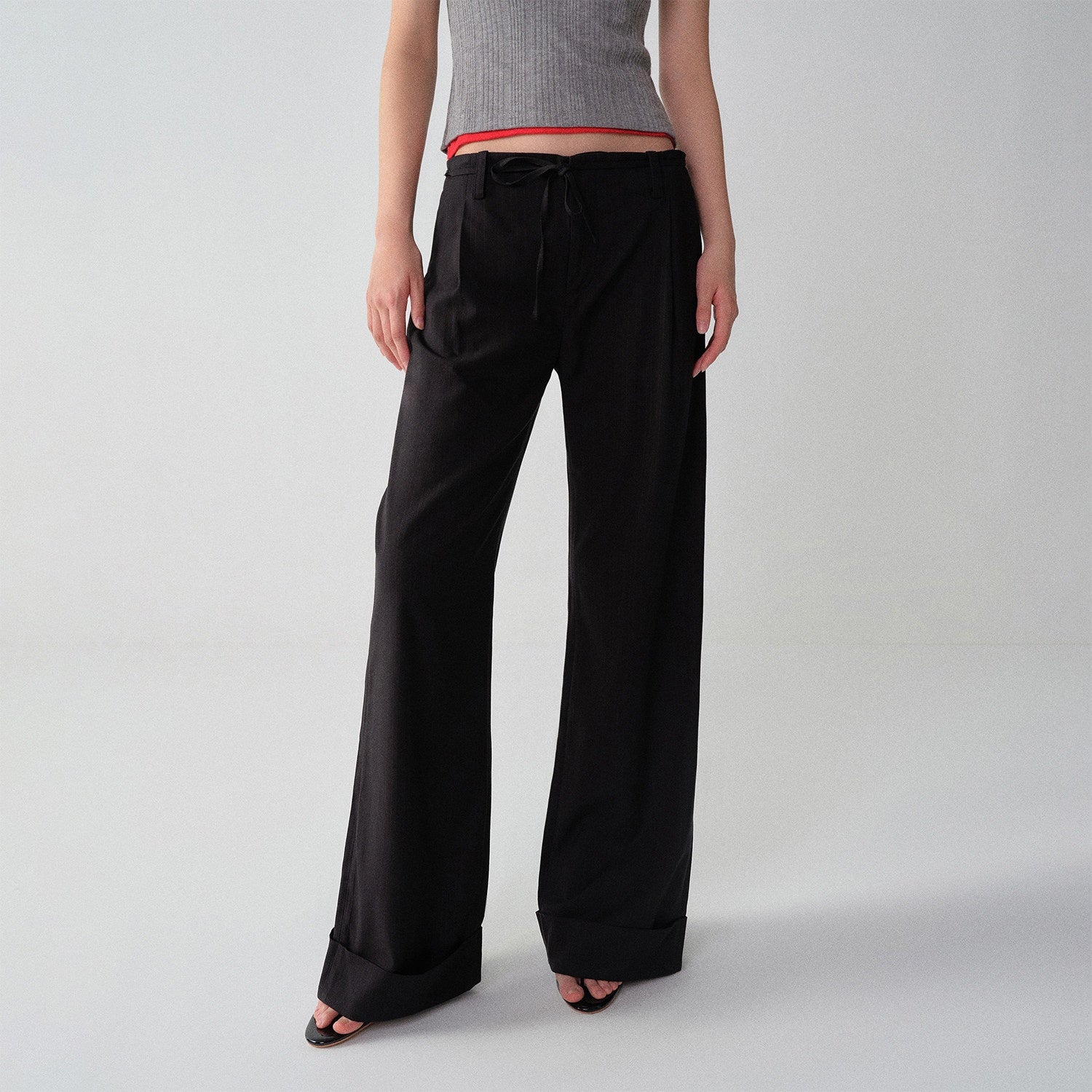 RUN_TO_THE_FUTURE_Low_Waist_Zip_Fly_Minimalist_Relaxed_Wide_Leg_Black_Red_Stripe_Straight_Pants_MISSTT