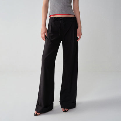 RUN_TO_THE_FUTURE_Low_Waist_Zip_Fly_Minimalist_Relaxed_Wide_Leg_Black_Red_Stripe_Straight_Pants_MISSTT