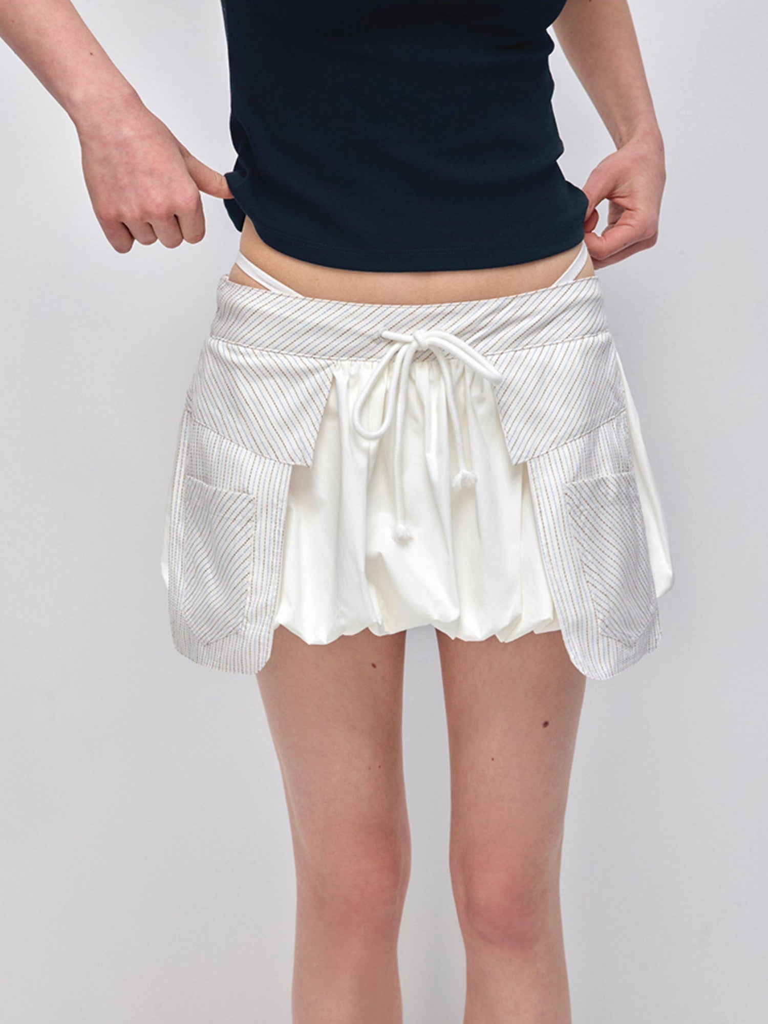 RUN TO THE FUTURE Original Minimal Cotton Lantern Low Waist Tie Pockets Women Short Trousers