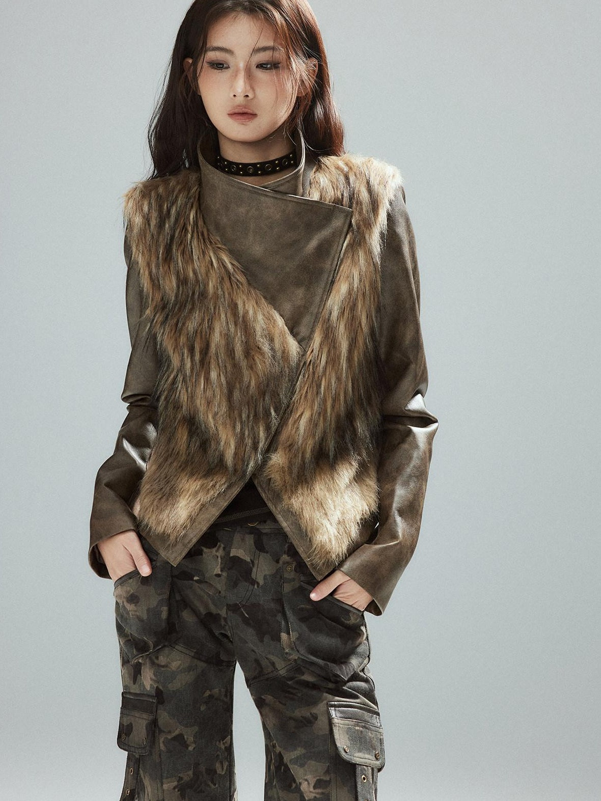 Low pixel Thick Waist Cinch Patchwork Street Style Women Brown Zipper Lapel Cropped Jackets