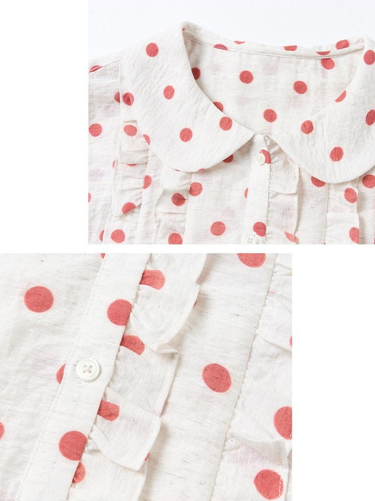 OuttheBlue Waist Cinch Ruffle Casual Puff Sleeve Doll Collar Polka Dot Women Shirts