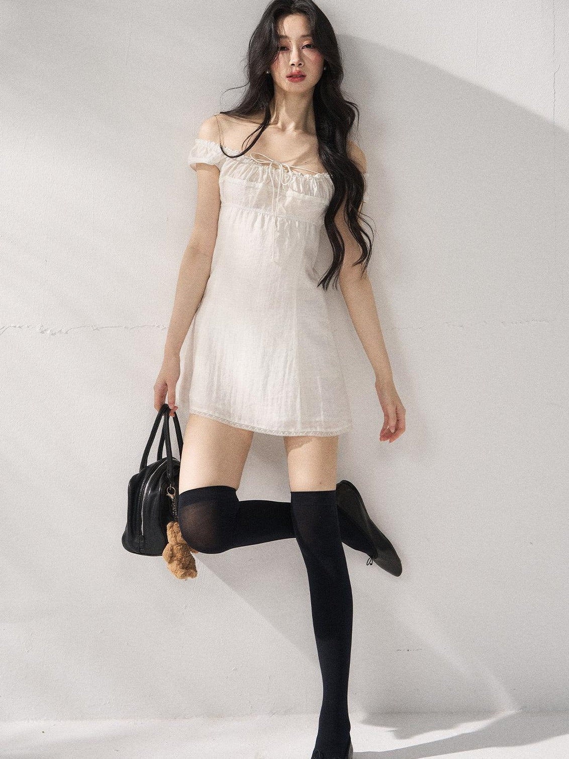 7Shiftin Cinched Tie Waist Minimalist Sleeveless A Line Women White Mini Dresses