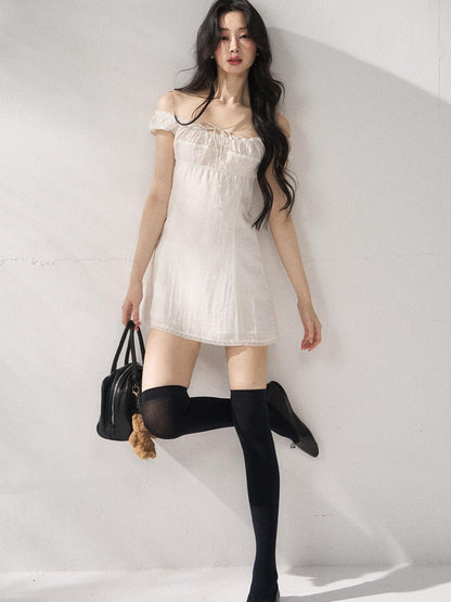 7Shiftin Cinched Tie Waist Minimalist Sleeveless A Line Women White Mini Dresses