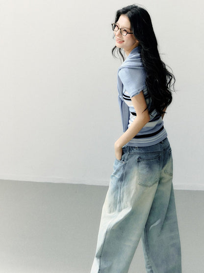 7Shiftin Washed Cotton Natural Waist Girly Zip Fly Non Stretch Blue Women Wide Leg Jeans
