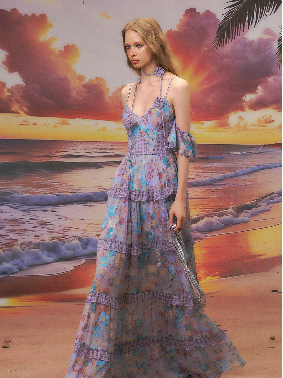 The NeverMore High Waist A Line V-neck Strappy Street Women Blue Purple Polyester Maxi Dresses