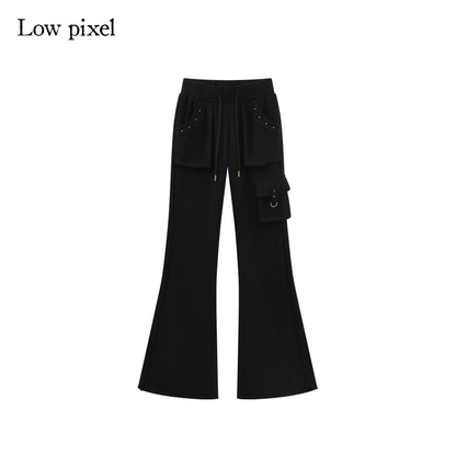 Low pixel Studded Slim Fit Zip Front Stand Collar Thick Cotton Black Top &amp; Pants Sets