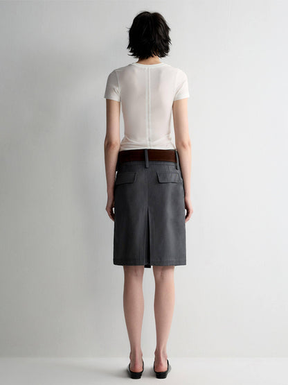 RUN TO THE FUTURE Lined Wool Blend Low Waist Pockets Vintage Office H Silhouette Midi Skirts