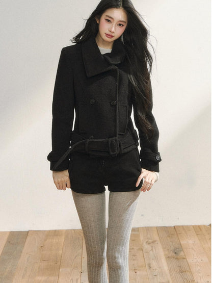 7Shiftin Detachable Wool Casual Cinched Waist Double Breasted Women Black Short Coat
