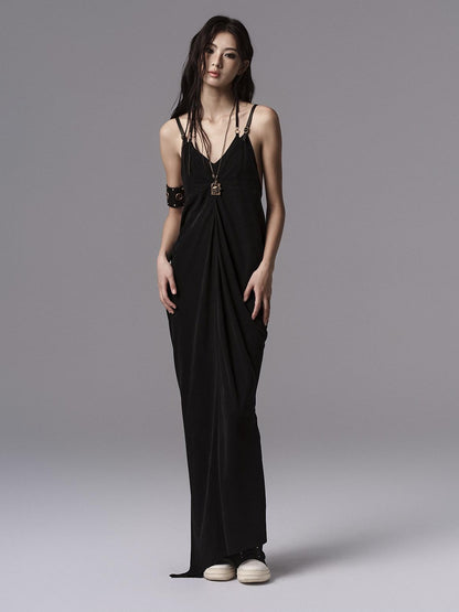 Low pixel Pure Cupro Slim Fit Dark Gothic Vneck Camisole Women Black Zip Back Maxi Dresses