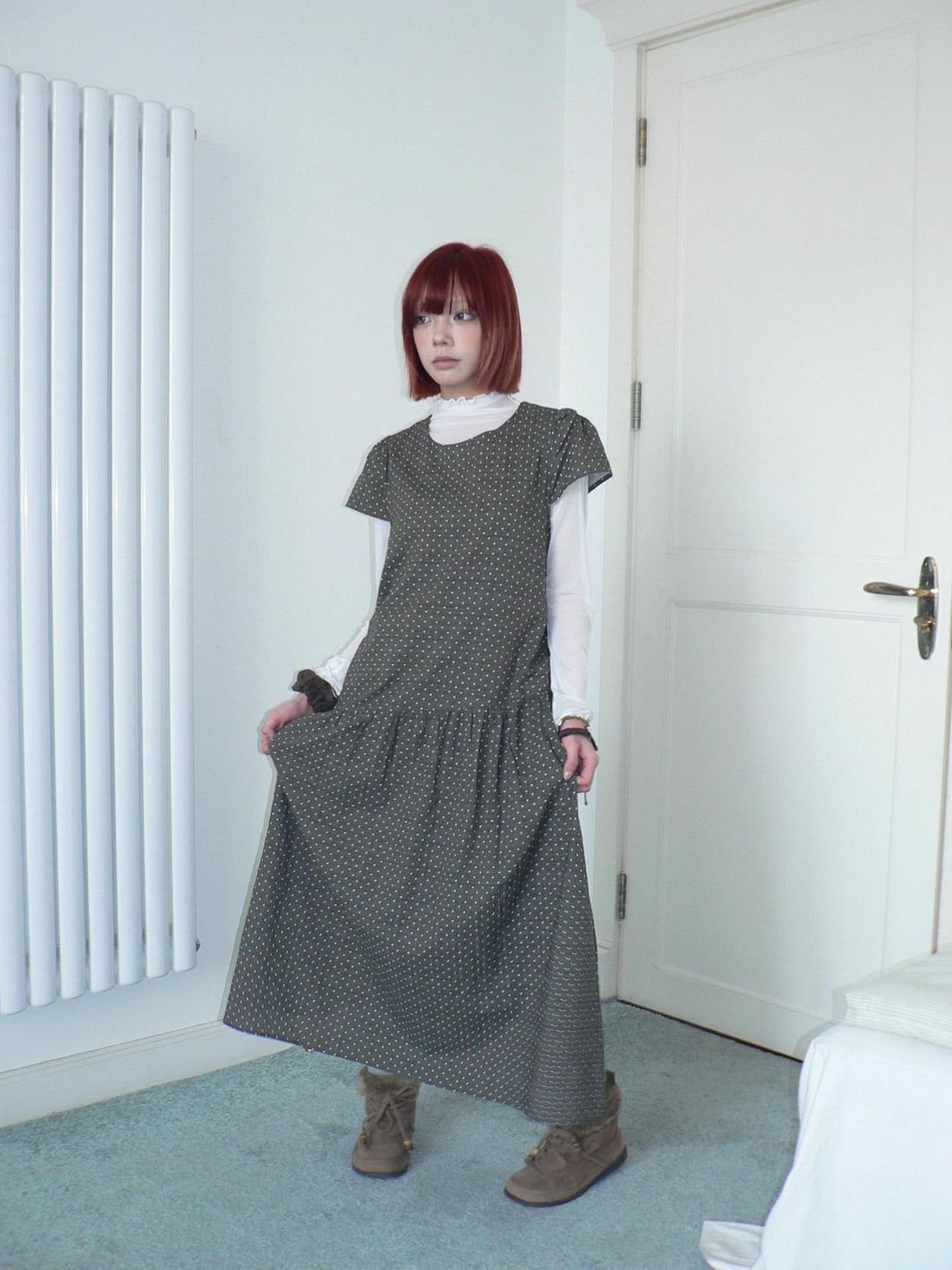 ang project Brown Polka Dot Pleated A Line Flutter Sleeve Women&