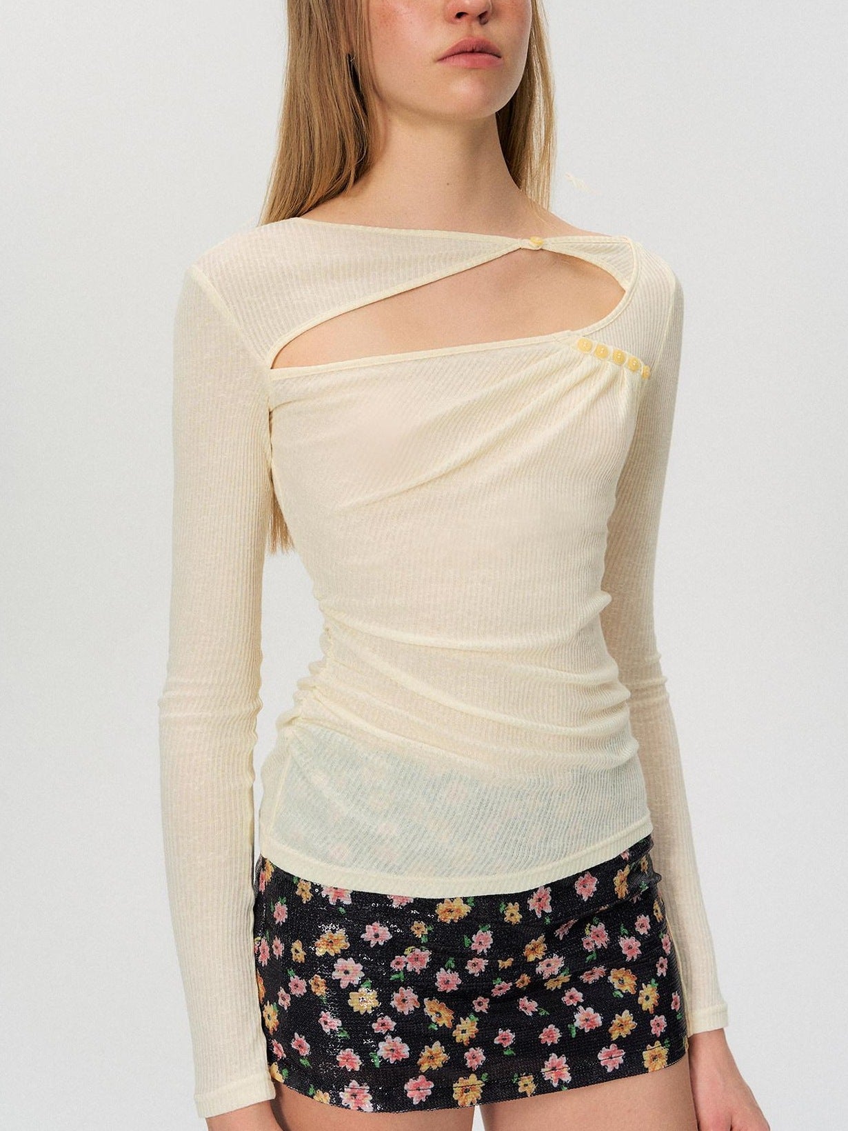 The NeverMore Sexy Cutout Slim Fit Crew Neck Light Apricot Cotton Blend Long Sleeve T-Shirts
