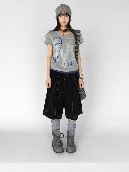 innomoood Heather Distressed Print Colorblock V-neck Women&