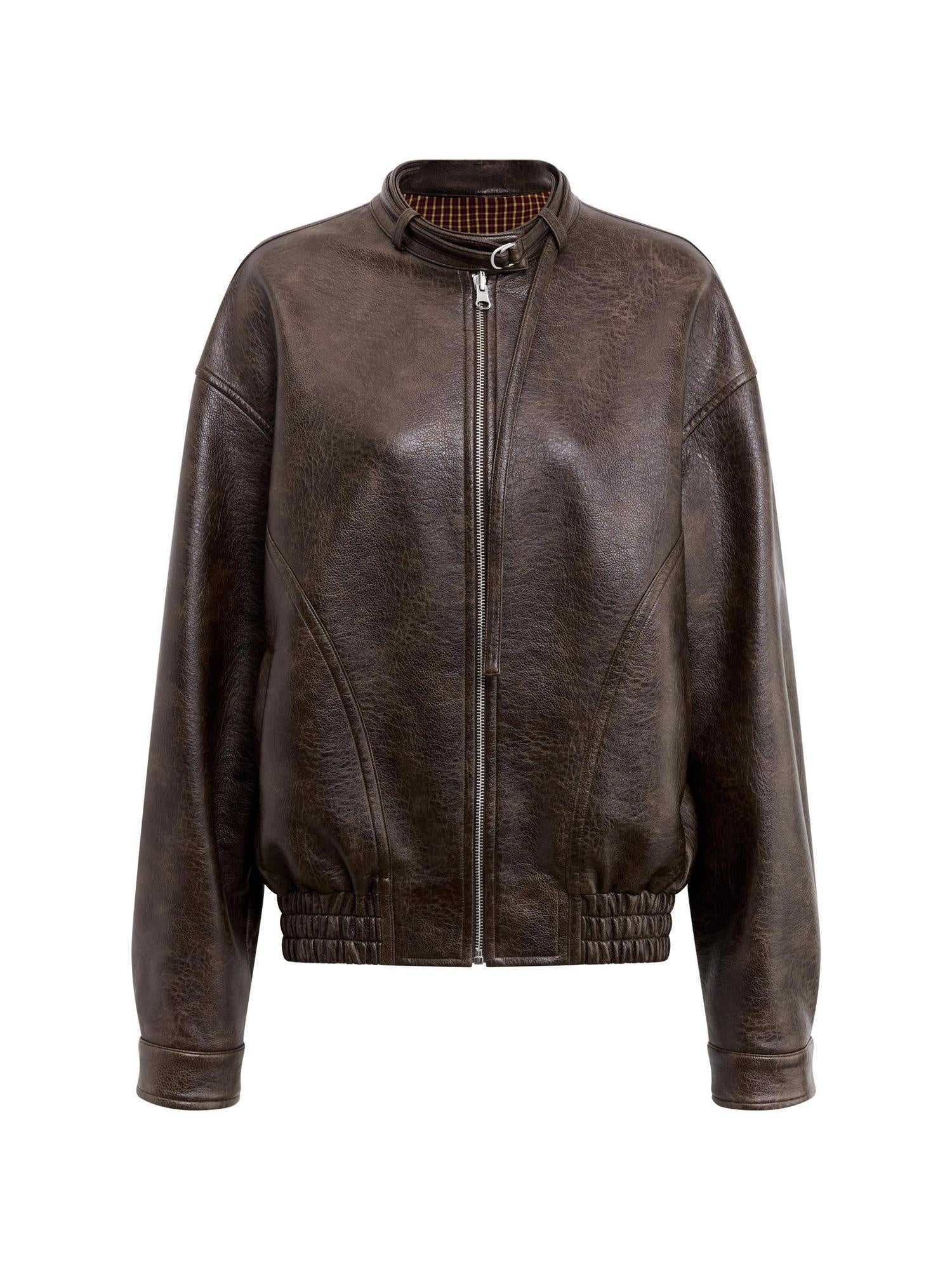 RUN TO THE FUTURE Vintage Brown Zipper Loose Fit Stand Collar Commuter Washed Leather Jackets