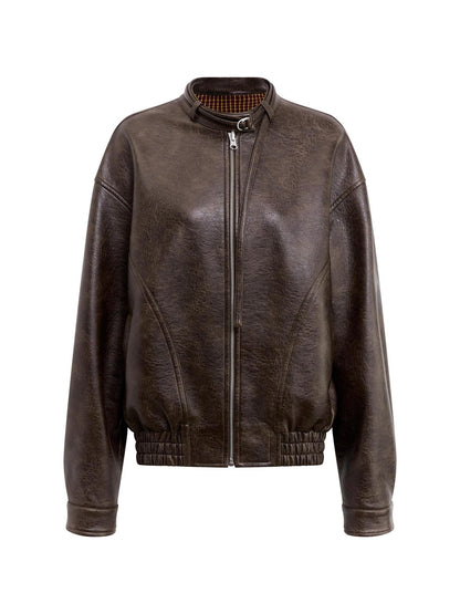 RUN TO THE FUTURE Vintage Brown Zipper Loose Fit Stand Collar Commuter Washed Leather Jackets