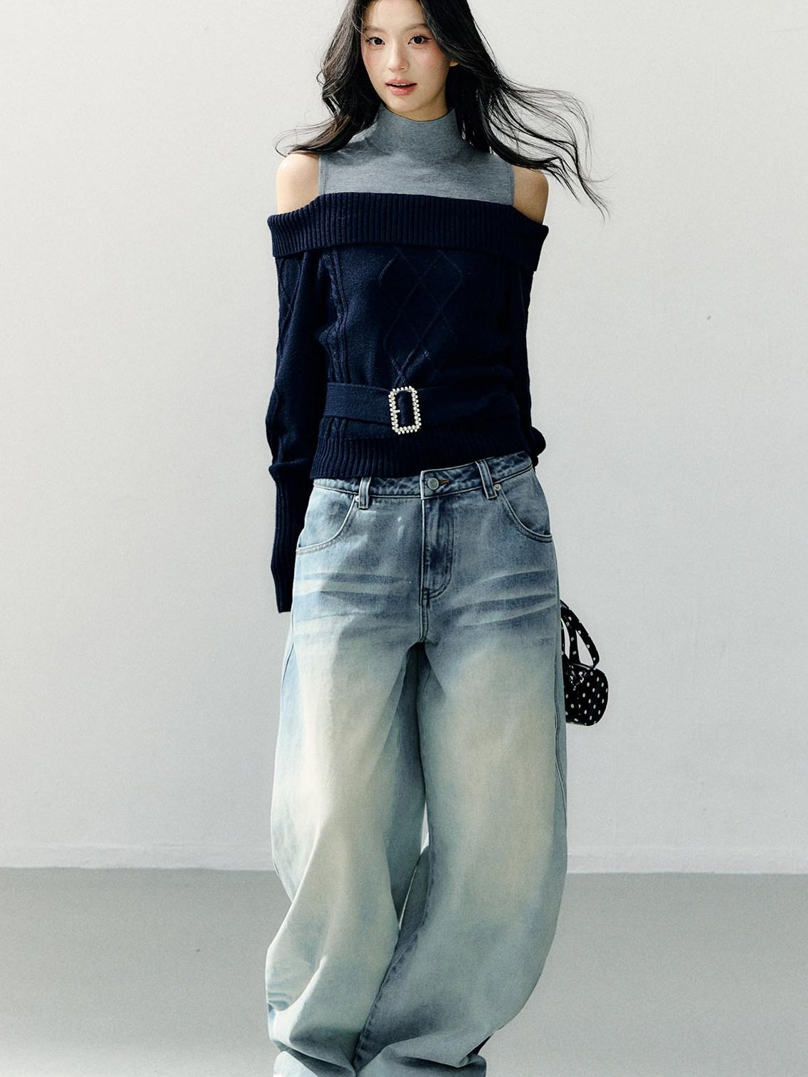 7Shiftin Washed Cotton Natural Waist Girly Zip Fly Non Stretch Blue Women Wide Leg Jeans