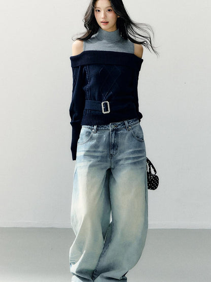 7Shiftin Washed Cotton Natural Waist Girly Zip Fly Non Stretch Blue Women Wide Leg Jeans