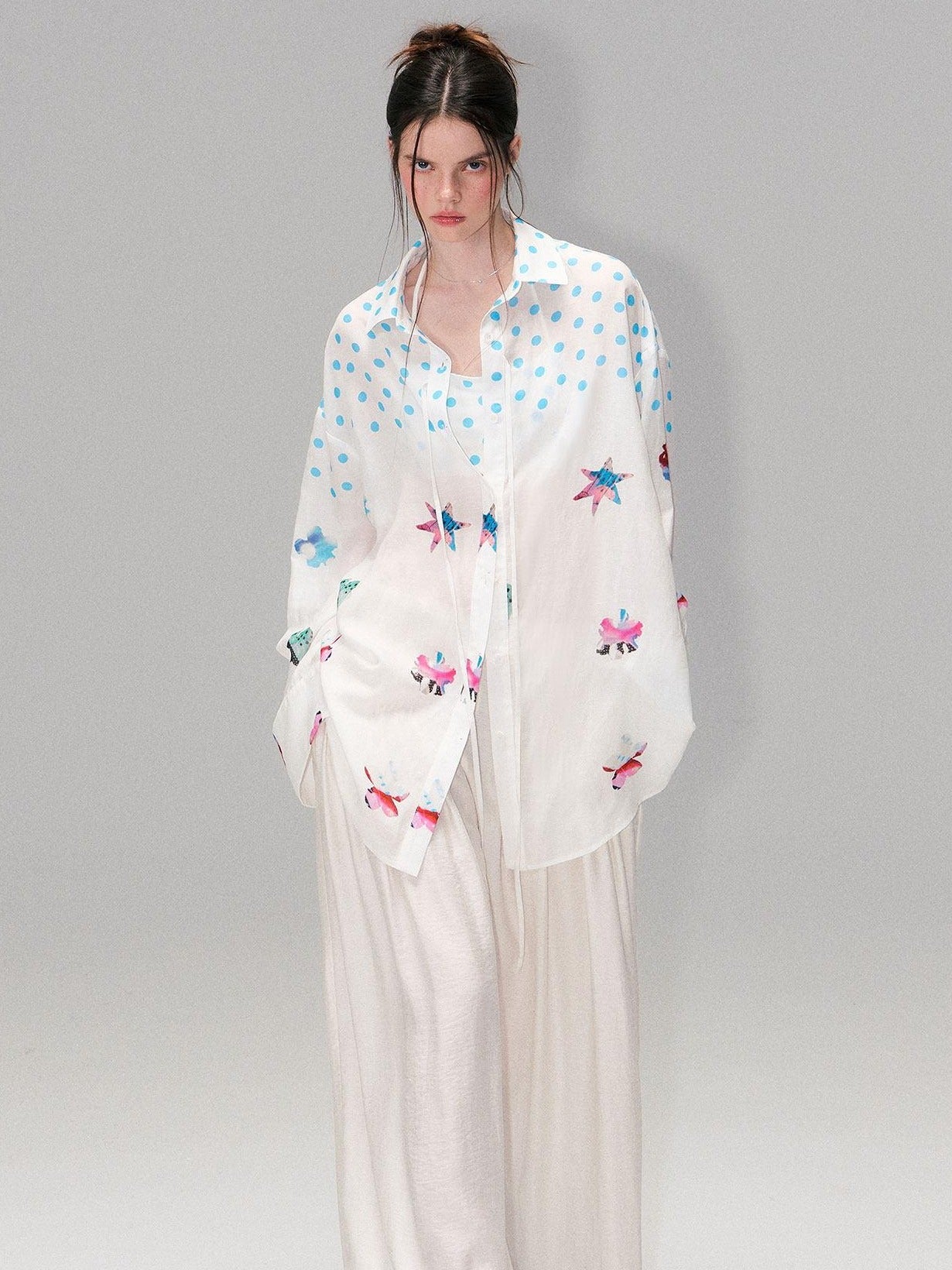 The NeverMore Soft Breathable Linen Blend Relaxed Drop Shoulder Polka Dot Long Sleeve Shirts
