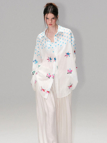 The NeverMore Soft Breathable Linen Blend Relaxed Drop Shoulder Polka Dot Long Sleeve Shirts