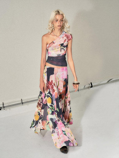 The NeverMore Light Stretch Printed Pink Side Zipper A Line Loose Fit Mid Waist Maxi Skirts