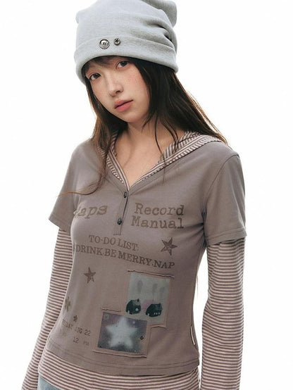 NAPSNAPS Striped Patchwork Letter Print Hooded Women&