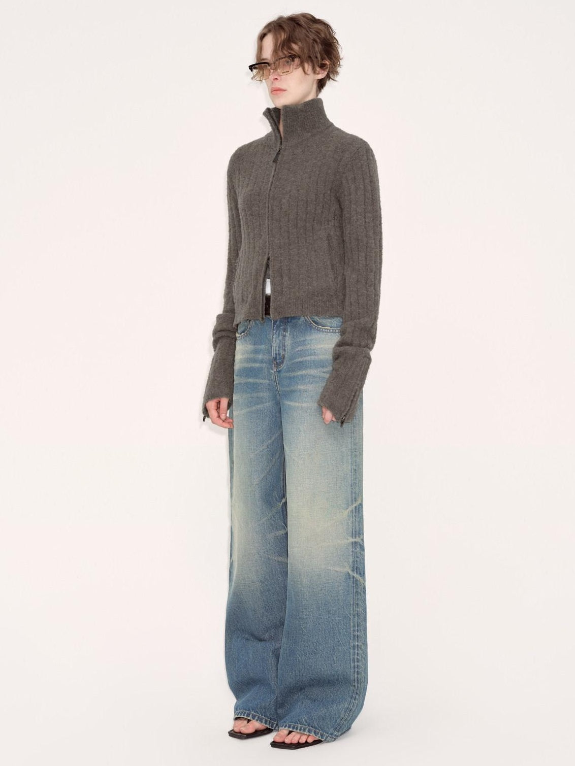 RUN TO THE FUTURE Acrylic Wool Blend Slim Zip High Neck Office Cropped Olive Cardigans