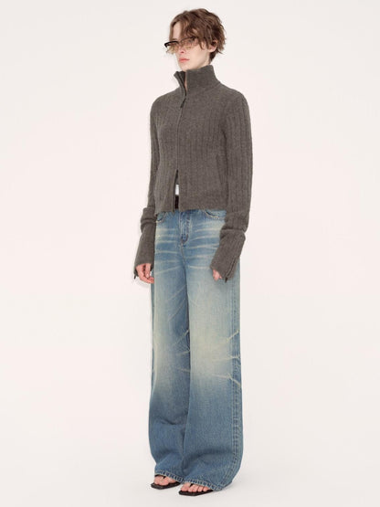 RUN TO THE FUTURE Acrylic Wool Blend Slim Zip High Neck Office Cropped Olive Cardigans