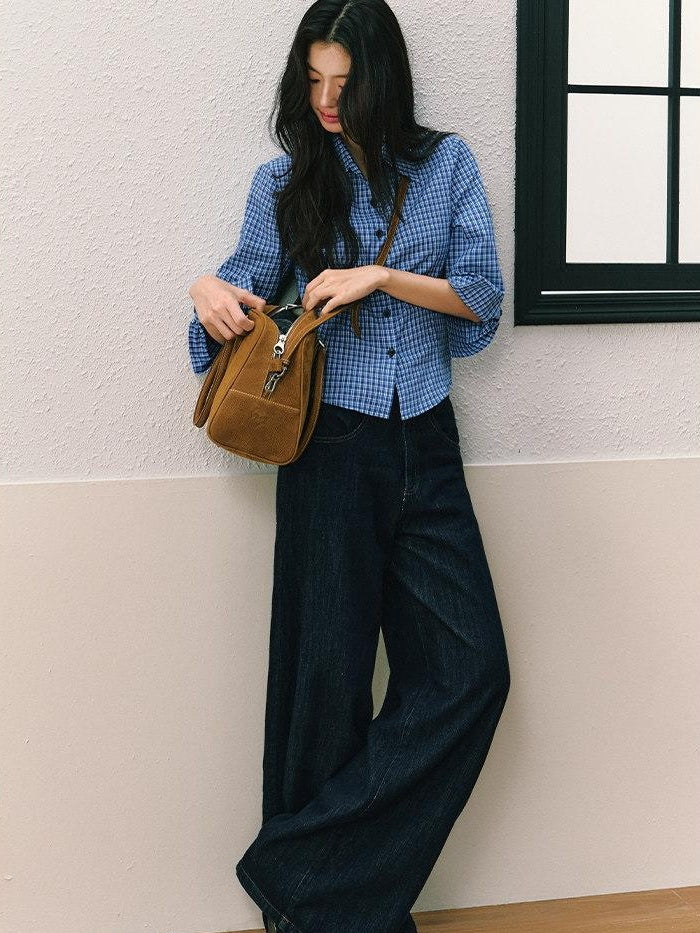 7Shiftin Dark Blue Non Stretch Natural Waist Casual Straight Cut Ladies Wide Leg Jeans