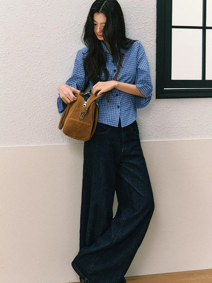 7Shiftin Dark Blue Non Stretch Natural Waist Casual Straight Cut Ladies Wide Leg Jeans