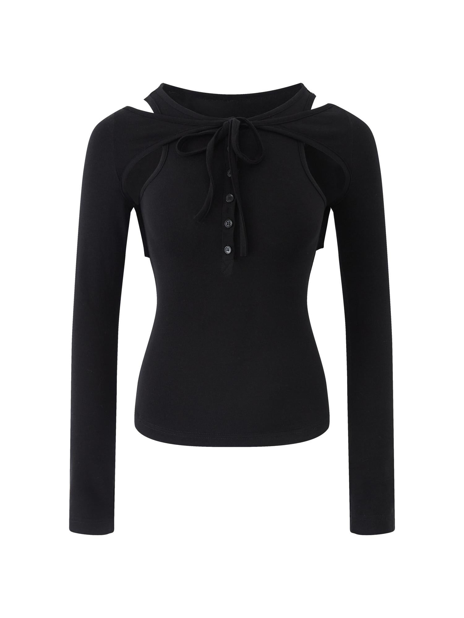 RUN TO THE FUTURE Lyocell Wool Slim Fit Cutout Vintage Commuter Ladies Black Long Sleeve T-Shirts