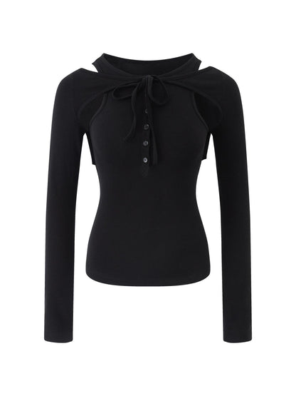 RUN TO THE FUTURE Lyocell Wool Slim Fit Cutout Vintage Commuter Ladies Black Long Sleeve T-Shirts