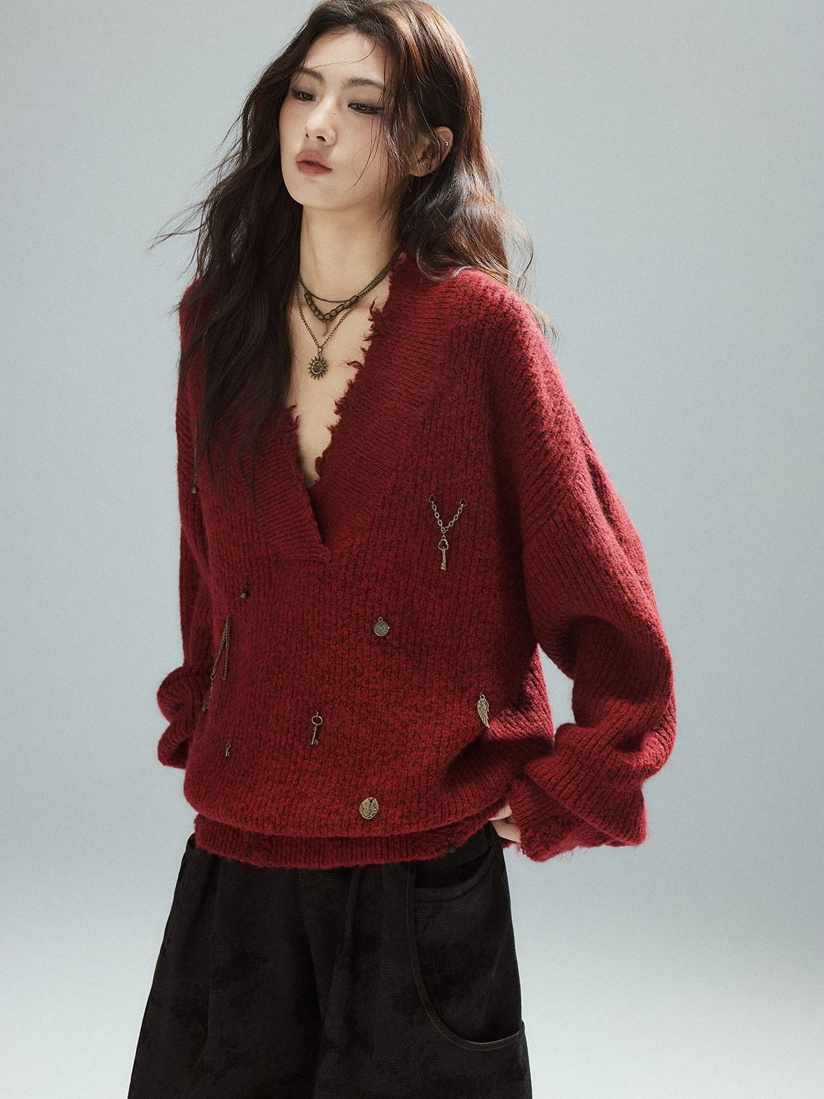 Low pixel Warm Oversized Street Raw Hem Women V-neck Red Pullover Sweaters