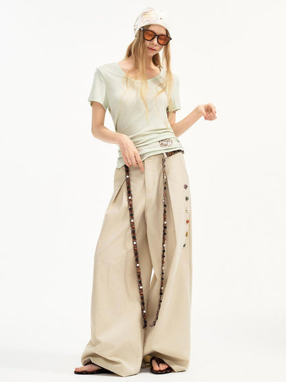 OuttheBlue Cotton Lyocell Minimal Natural Waist Zipper Light Grey Khaki Wide Leg Pants