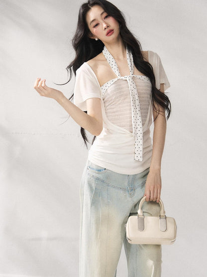 7Shiftin Striped Two Piece Short Sleeve Layered Casual Women Tee Off Shoulder Crop Tops