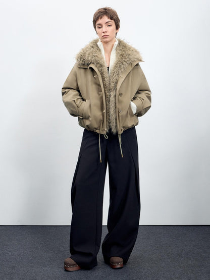 RUN TO THE FUTURE Thick Cotton Fill Fur Collar Loose Fit Commuter Solid Zip Puffer Jackets