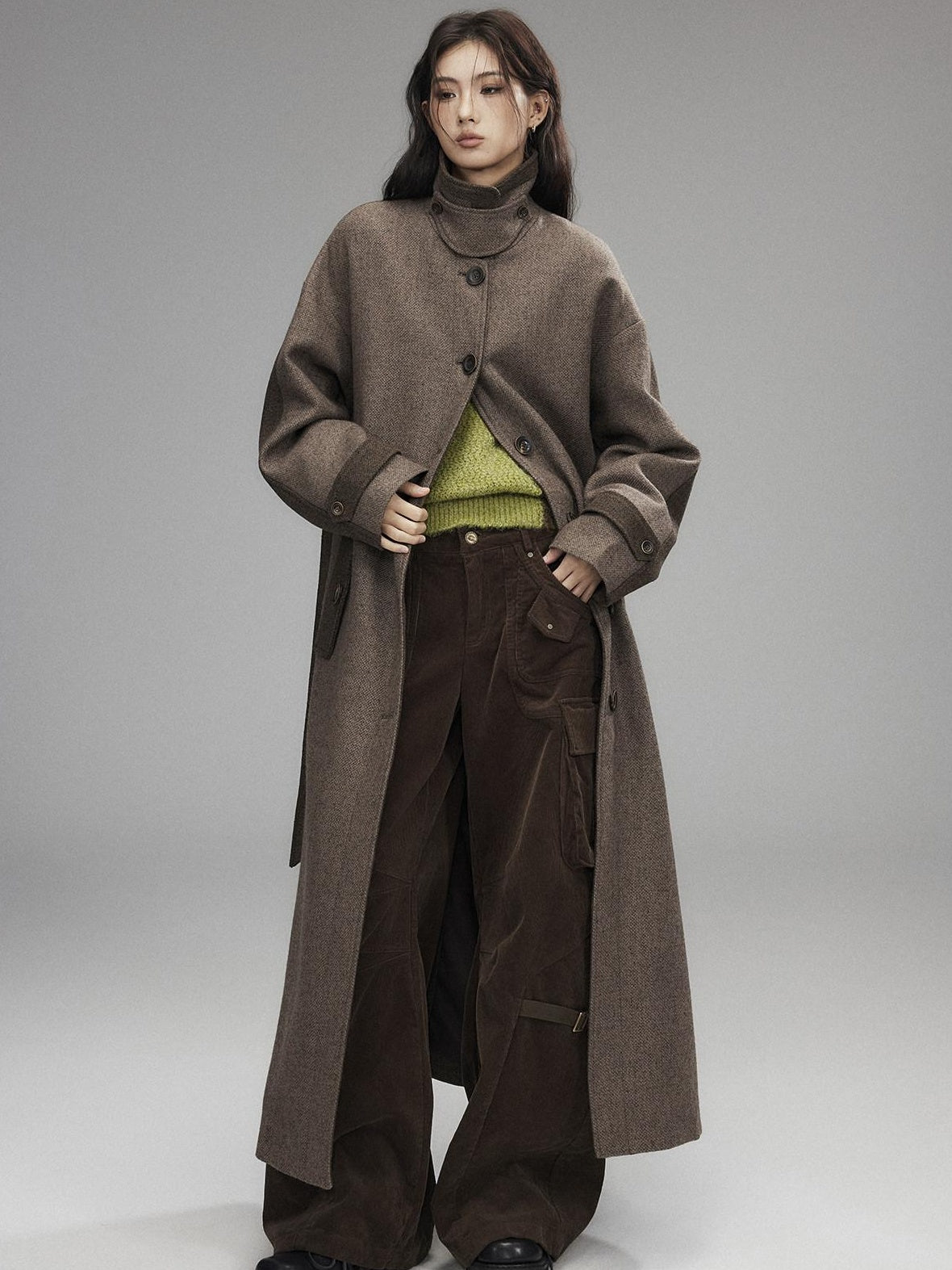 Low pixel Wool Blend Thick Colorblock Oversized Stand Collar Single Breasted Wool Coats