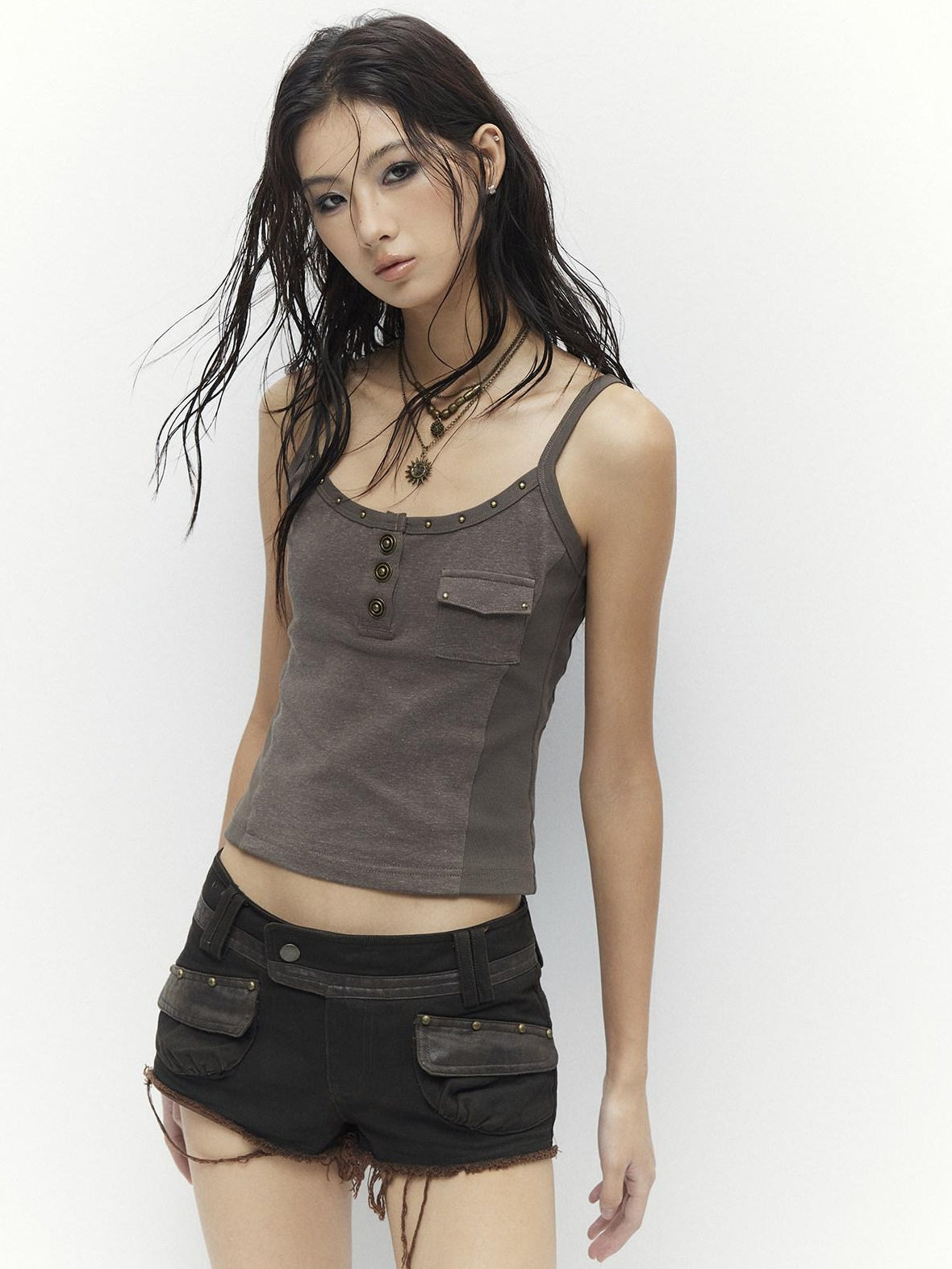 Low pixel Low Rise Khaki Patchwork Dark Aesthetic Slim Fit Cotton Zip Fly Mini Shorts