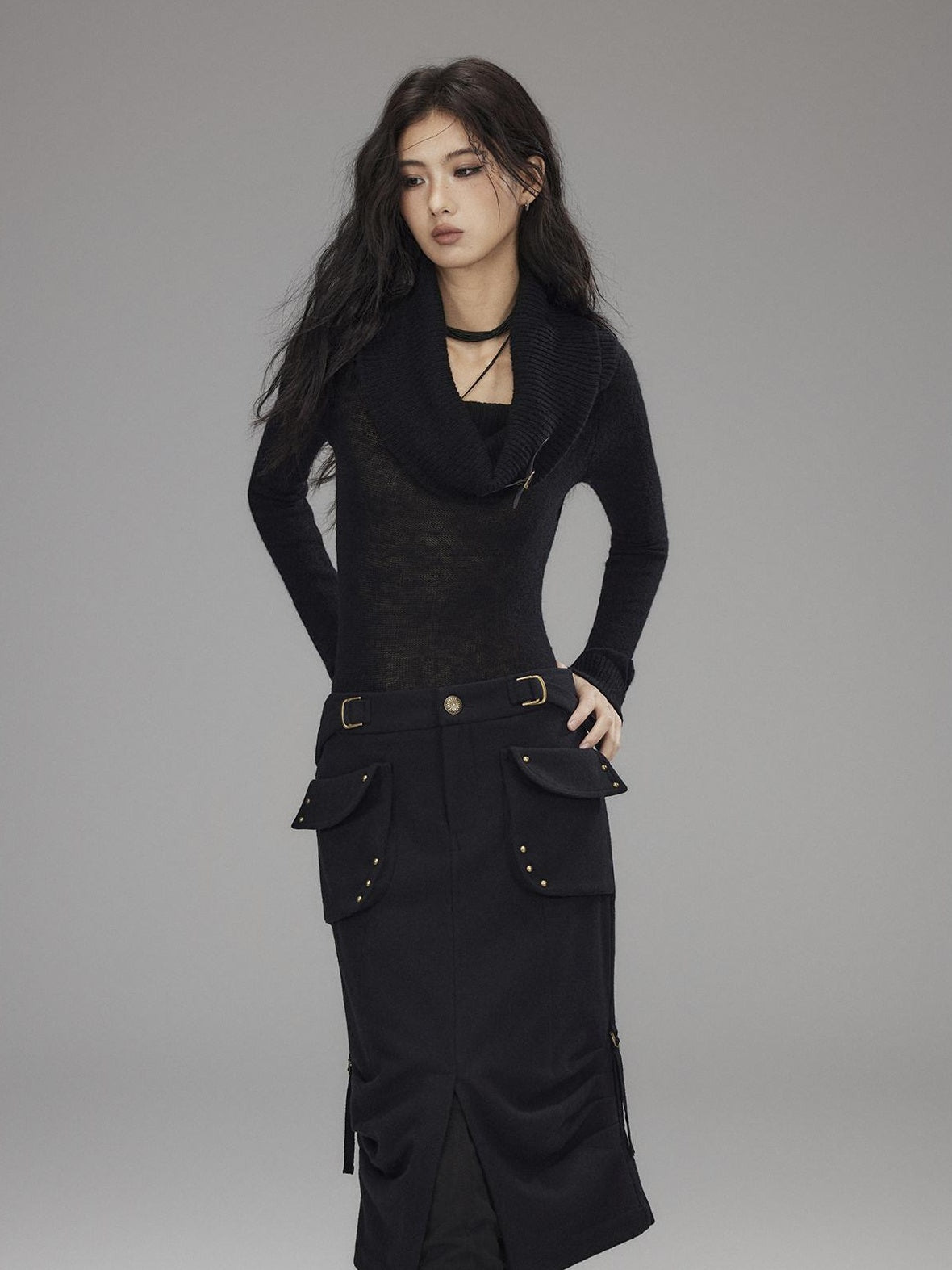 Low pixel Wool Blend Low Rise Cargo Pockets Front Slit Hline Casual Black Midi Skirts