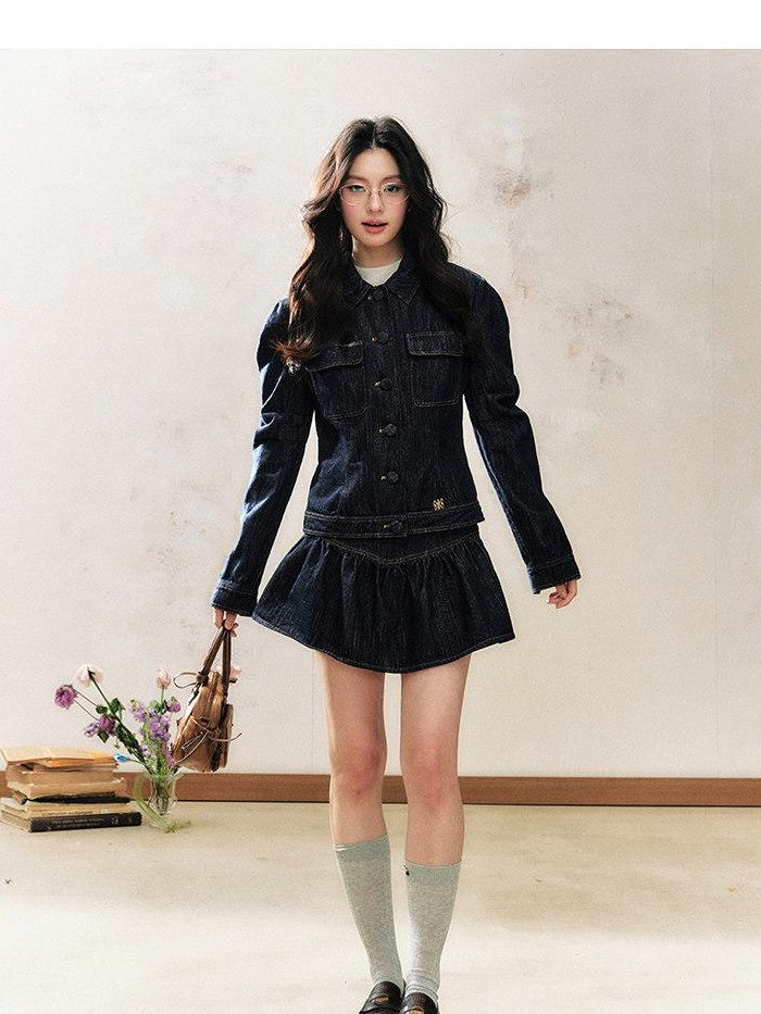 7Shiftin Office Two Piece Long Sleeve Classic Collar Button Women Denim Jackets